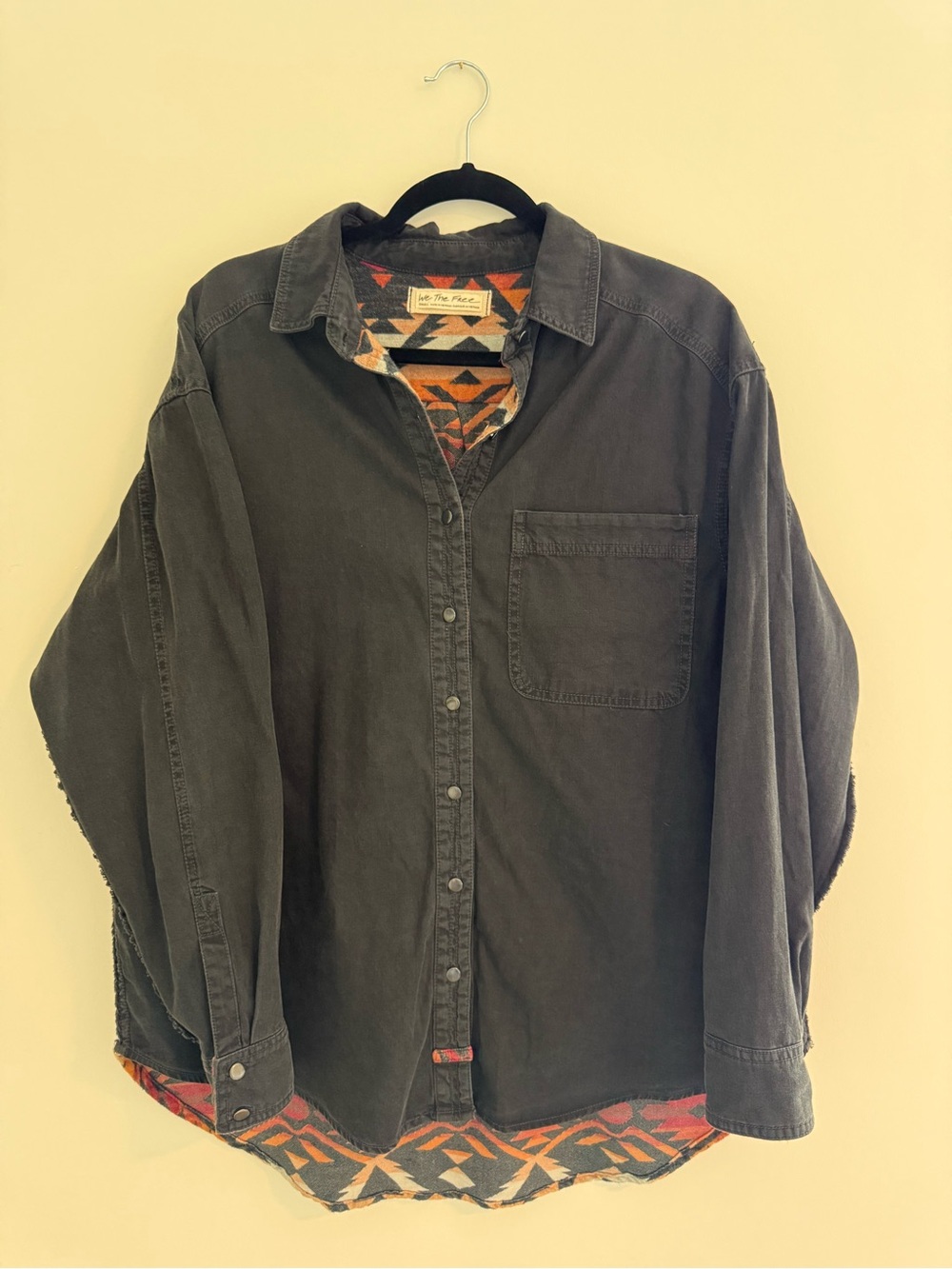 We The Free Women’s Oversize Charcoal Button-Down Shirt with Patterned Trim